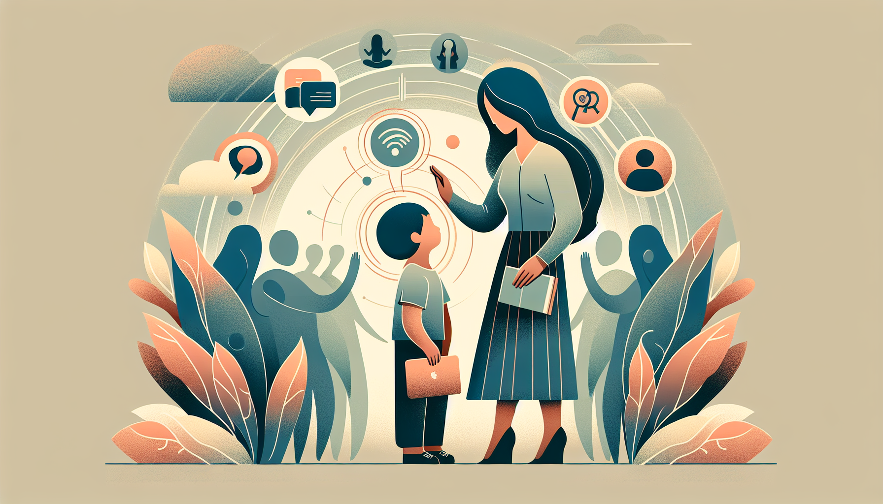 a woman and a child looking at icons